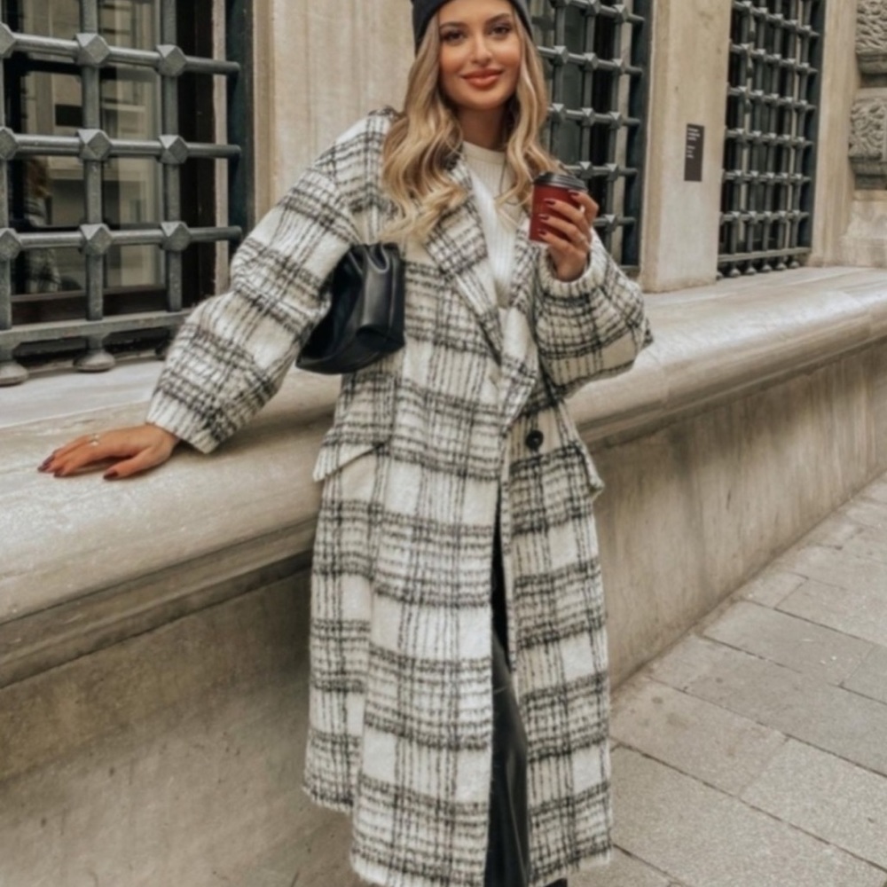 ZARA Black & White Plaid Brushed Wool Oversized Long Wool Coat - Picture 4 of 14